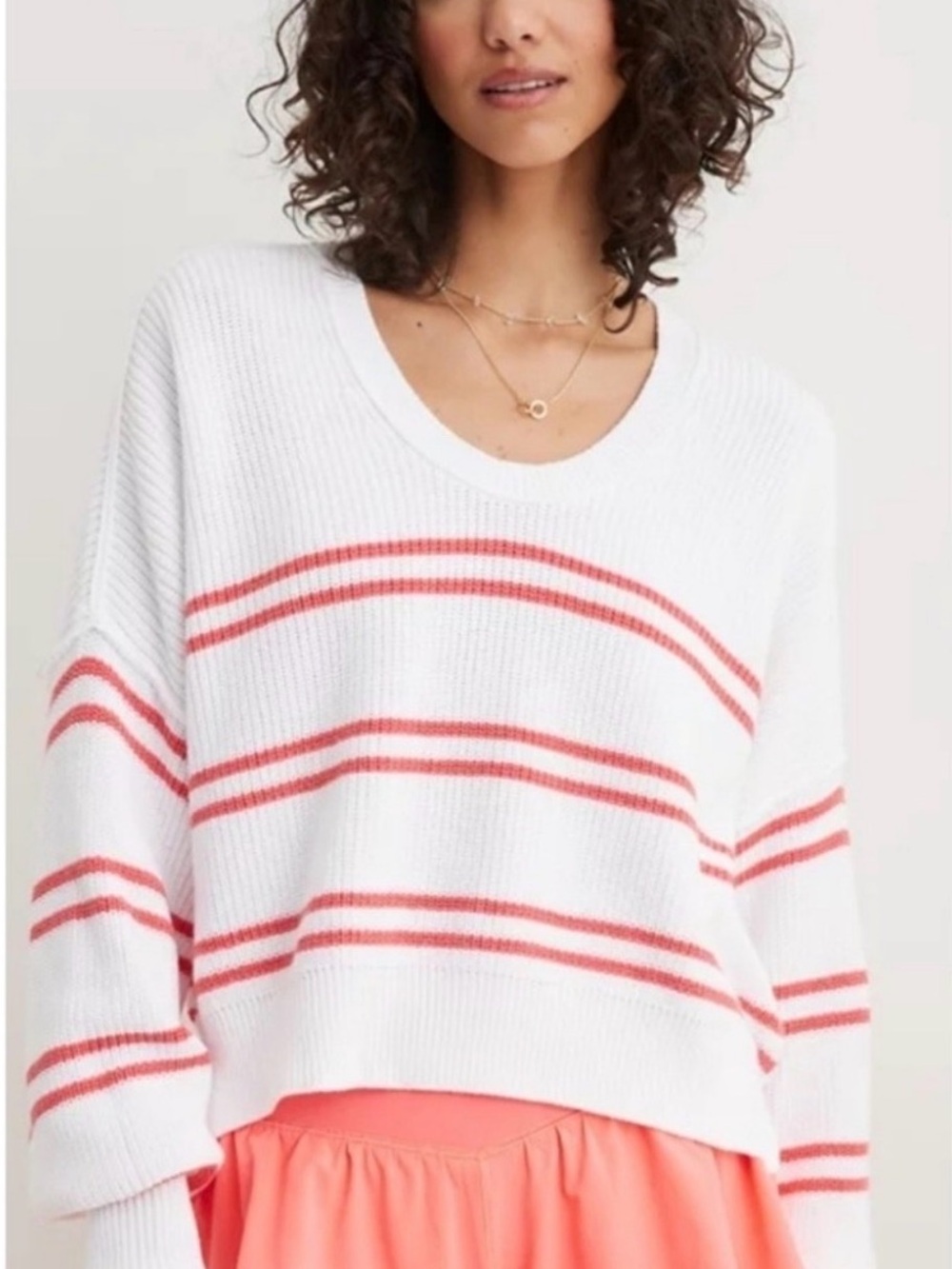 Aerie White & Coral Stripe V-Neck Women's Sweater